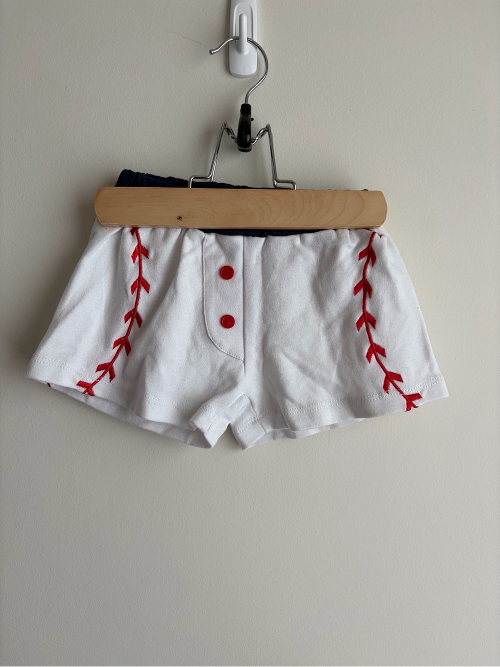 White 100% Cotton baby Baseball Stitch Shorts with Red Trim